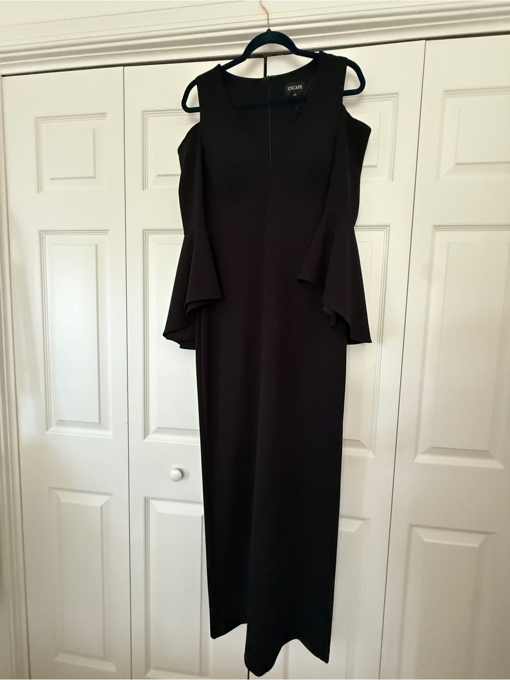 Xscape Black Cold-Shoulder Long Dress with Draped Sleeves